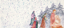 Nativity Scene With Three Wise Men .Merry Christmas Watercolor Background.