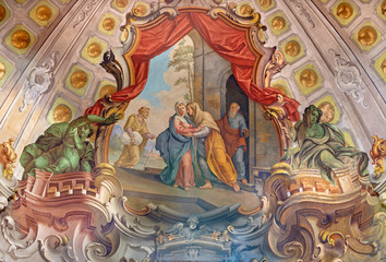  COMO, ITALY - MAY 8, 2015: The fresco of Visitation fresco in church Santuario del Santissimo Crocifisso by Gersam Turri (1927-1929).