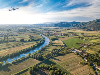 Wall Mural - Panoramic view of river Arno near the hill , aerial view.