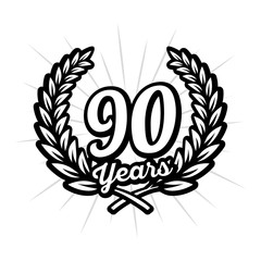 90 years anniversary celebration with laurel wreath. 90th logo. Vector and illustration.