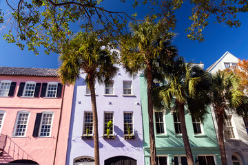 Wall Mural - Charleston, South Carolina is home to a large and beautiful historic district.  Famous Rainbow Row is seen here, a block of 13 colourful Georgian houses, each privately owned.