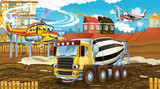 Fototapeta  - cartoon scene with industry cars on construction site and flying helicopter and plane - illustration for children