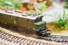 Electric Model Railway Locomotive. Train Hobby Model On The Model Railway