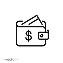 Wallet Icon, Personal Purse With Credit Card, Thin Line Web Symbol On White Background - Editable Stroke Vector Illustration Eps10