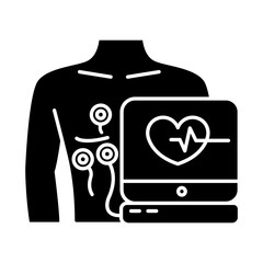 Wall Mural - Electrocardiogram glyph icon. Heart disease examination. Pulse rate on screen. Cardiology, cardiograph. Medical nonsurgical procedure. Silhouette symbol. Negative space. Vector isolated illustration