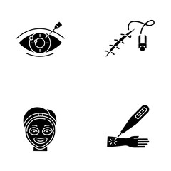 Wall Mural - Medical procedure glyph icons set. Vision correction. Eyesight disorder. Stitching open wound. Cosmetology. Laser therapy on arm. Healthcare. Silhouette symbols. Vector isolated illustration