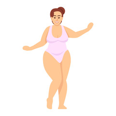 Woman dressed in swimsuit flat vector illustration. Body positive and feminism. Excess weight. Plus size figure. Caucasian smiling lady with brown hair isolated cartoon character on white background