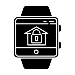 Poster - Home security monitoring smartwatch function glyph icon. House alarm system remote control device feature. Fitness wristband. Silhouette symbol. Negative space. Vector isolated illustration