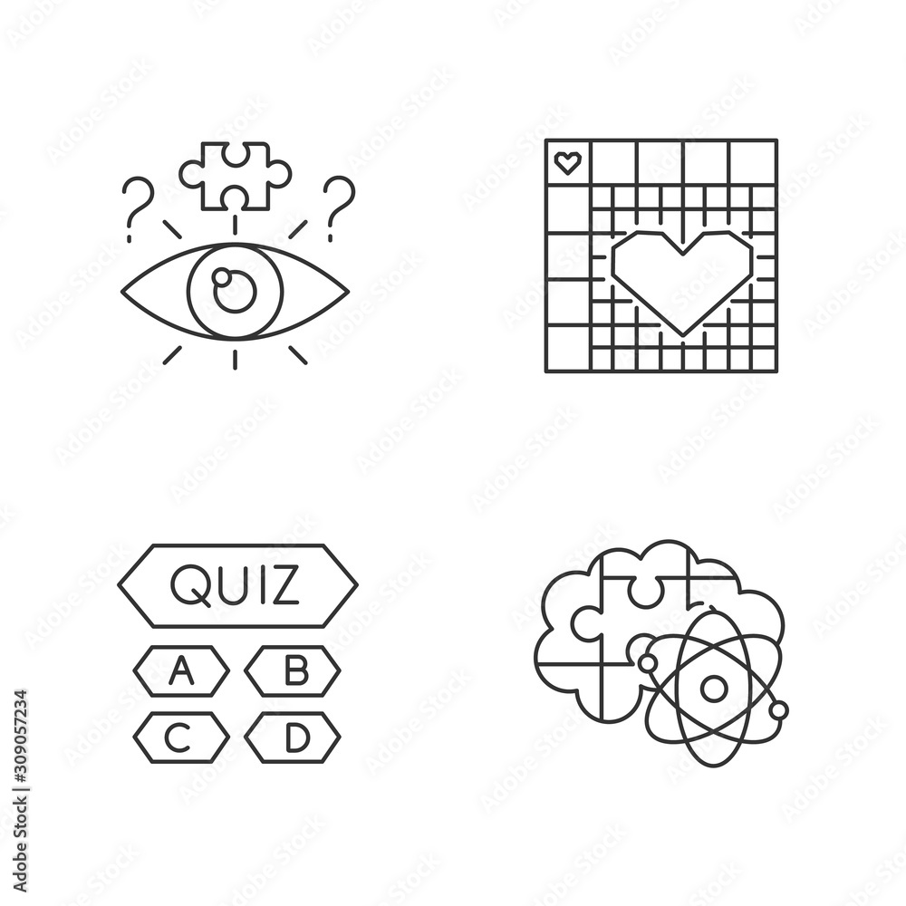 Complex Symbol Riddle Puzzles and riddles linear icons set. Trivia quiz. Nonogram. Logic game ...