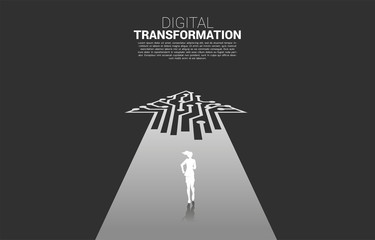 Poster - Silhouette of businesswoman running on the way with dot connect line circuit. concept of digital transformation of business.