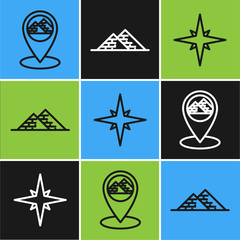 Sticker - Set line Map pointer with Egypt pyramids, Wind rose and Egypt pyramids icon. Vector