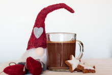 Cup Of Hot Chocolate And Cookies And Christmas Gnome On The Side. Winter Holiday Concept