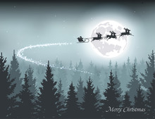 Santa Flying In A Sleigh On The Background Of The Moon Vector Illustration