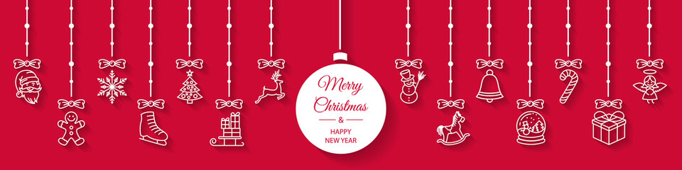 Wall Mural - merry christmas banner with hanging christmas icons. christmas greeting card vector background