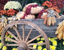 Flower Garden Decoration With Wagon Wheels And Fruit