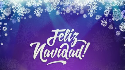 Wall Mural - Feliz Navidad - Merry Christmas in spanish language purple loop animation design with spotlights and snowflakes