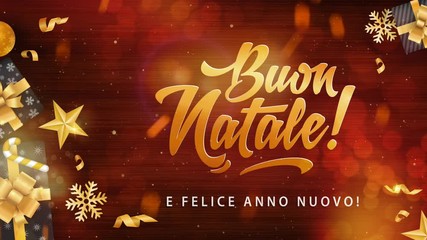 Wall Mural - Buon Natale - Merry Christmas in Italian language red wood looped background with glitter gold elements, snowflakes, stars and calligraphy