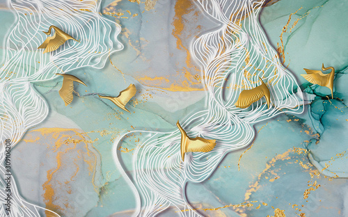 Fototapeta na wymiar Colored marble background, white waves, golden abstract birds