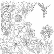 Contour Decorative Flowers Peonies, Phloxes, Dandelions, Tulips, Flying Dragonfly. Ideal For Greeting Cards, Covers, Botanical Illustrations, Greeting Cards, Invitations, Paper Bags, Quotes, Colorings