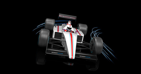 Wall Mural - Generic White Racing Car On Black Background. Light Streaks Moving With Car. 3D Illustration Render