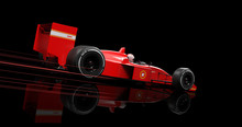 Generic Red Racing Car On Black Background. Light Streaks Moving With Car. 3D Illustration Render