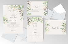 Elegant Watercolor Wedding Stationary With Beautiful Leaves