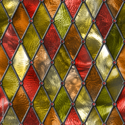 Plakat na zamówienie Stained glass seamless texture, colored glass with rhombus pattern for window, 3d illustration