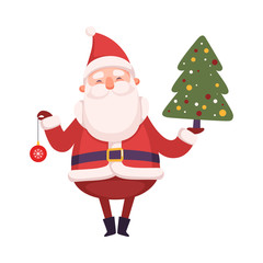 Poster - Funny Santa Claus Holding Fir Tree and Bauble, Cute Christmas and New Year Character, Winter Holidays Design Element Vector Illustration