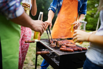 Wall Mural - Group of friends camping and having a barbecue in nature