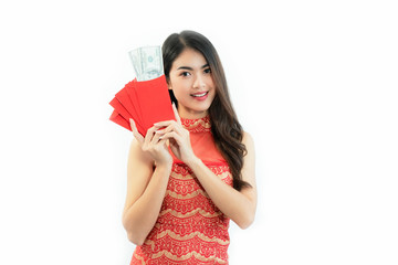 Asian woman holding red envelopes Ang Pao with money Chinese Happy new year isolated on white background