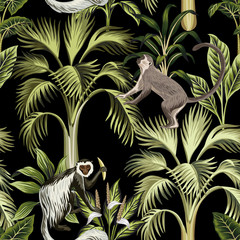 Naklejka na meble Tropikalna vintage małpa, palmy kwiatowy wzór czarne tło. Tapeta egzotycznej dżungli.