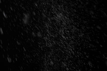 Snow From Spray Can Stream Out Then Fall Down Slowly Spread All Around With Some Big Point On Black Background For Overlay Effect
