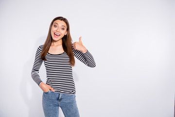 Poster - Portrait of her she nice attractive charming cute lovely pretty cheerful cheery positive girlish content straight-haired girl showing thumbup isolated over white light background