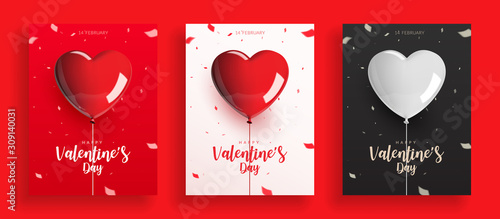 Cuadros en Lienzo Set of Valentine's Day, balloons with rope and confetti