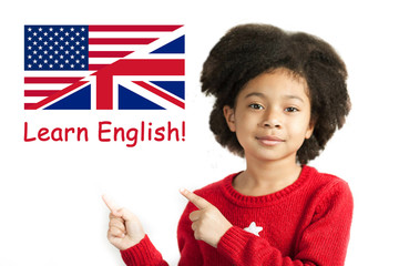 Wall Mural - Learn English Language. Education Concept. Cute african american child girl face.