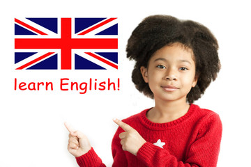 Wall Mural - Learn English Language. Education Concept. Cute african american child girl face.