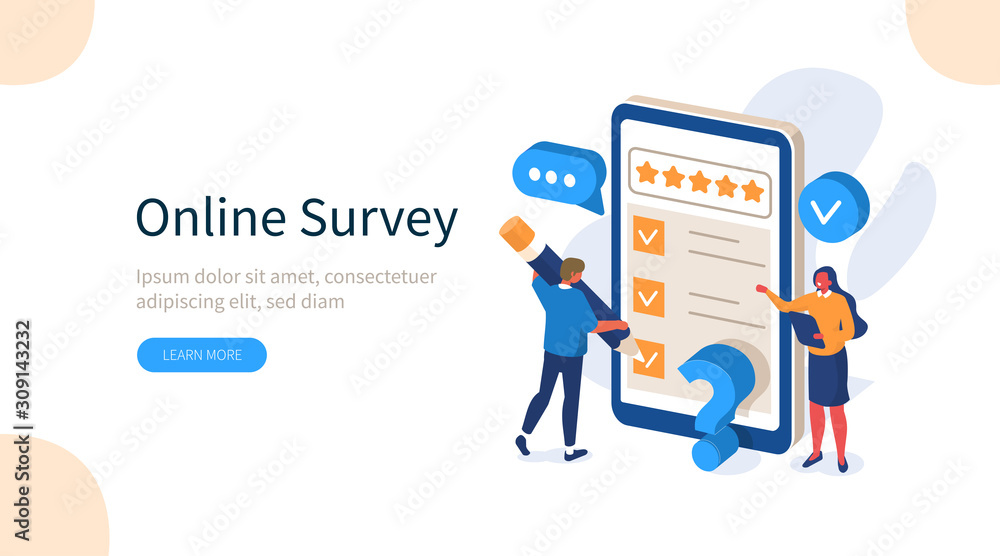 People Characters Filling Test Online in Customer Survey Form. Woman and Man putting Check Mark on Checklist. Customer Experiences and Satisfaction Concept. Flat Isometric Vector Illustration. - obrazy, fototapety, plakaty 