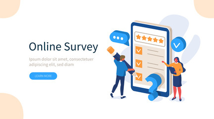 Wall Mural - people characters filling test online in customer survey form. woman and man putting check mark on c