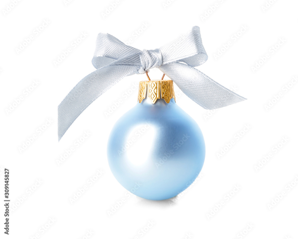 Beautiful Christmas ball with ribbon on white background