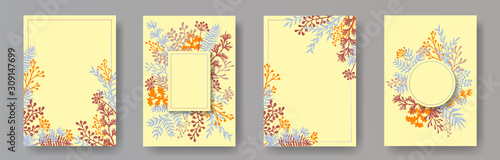 Botanical herb twigs, tree branches, leaves floral invitation cards set. Herb...