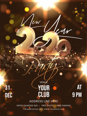 Wall Mural - New Year Party Flyer Design with 3D Golden 2020 Text and Event Details on Brown Bokeh Lighting Effect Background.