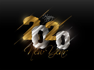 Sticker - Pixel Style Golden and Silver 2020 Text on Black Background for Happy New Year Celebration.