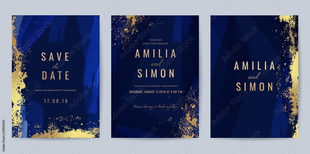 Luxury Blue and Gold invite card, Vector invitation design with golden brush, Gold Powder and blue watercolor decoration style background design for wedding and cover design template. - obrazy, fototapety, plakaty 