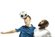 © master1305 - Close up of emotional men playing soccer hitting the ball with the head on isolated on white background. Football, sport, facial expression, human emotions concept. Copyspace. Fight for goal.