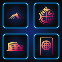 Wall Mural - Set line Passport with biometric data, Coliseum in Rome, Italy, Egypt pyramids and Globe with flying plane. Gradient color icons. Vector