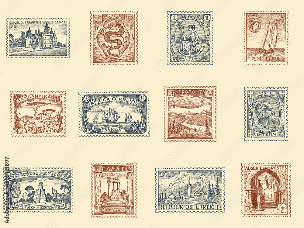 コレクション ANTIQUE STAMPS/POSTCARDS Vintage Postage Stamp Digital Download - Set of 51 Antique