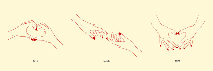 Canvas Print - Set of hand gestures showing romantic human relationships. Love and care. Vector illustration with heart shaped hands, reaching hands. Conceptual background with body language for design