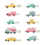 Fototapeta Pokój dzieciecy - Cartoon Transport Set for Kids. Vector set with doodle Toy Cars.