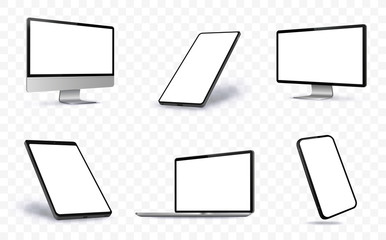 Wall Mural - computer screen, laptop, tablet pc and mobile phone vector illustration with perspective views. blan