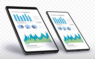 Wall Mural - mobile phone and tablet computer screens with financial charts and graphs